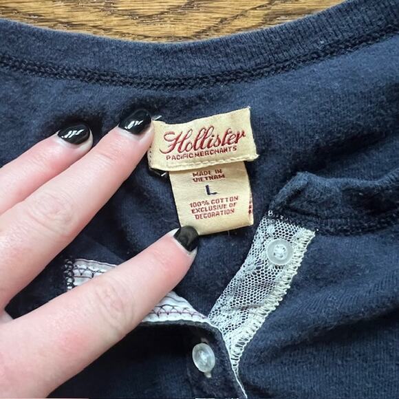 VTG Y2K Hollister Henley Shirt Womens L (Fits S/M) Navy Blue LS Bella Swan - Picture 3 of 8